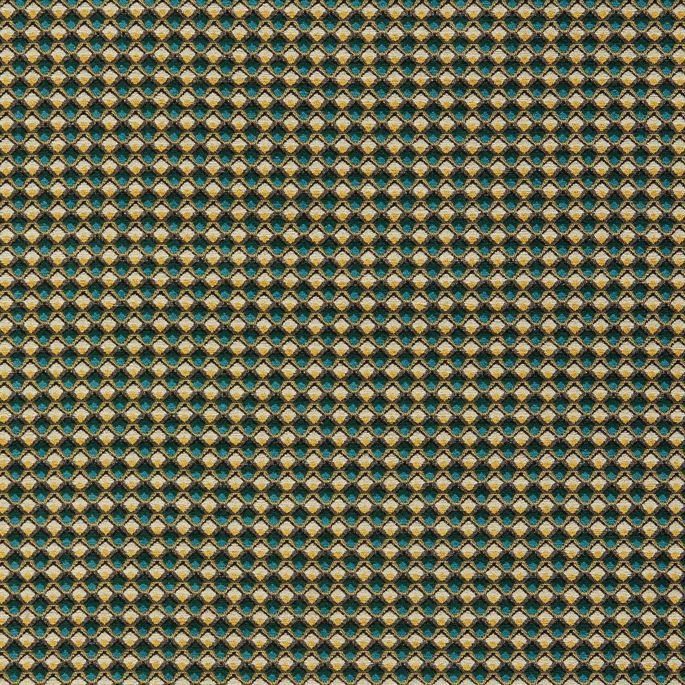 Dense teal and citrus diamond weave with cream highlights and tactile depth