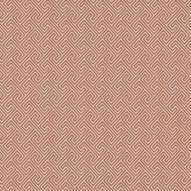 Oat woven fabric with small muted terracotta stepped maze pattern