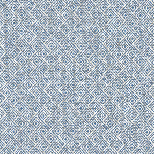Muted denim-blue and ivory fabric with small woven rhombuses and diagonal texture