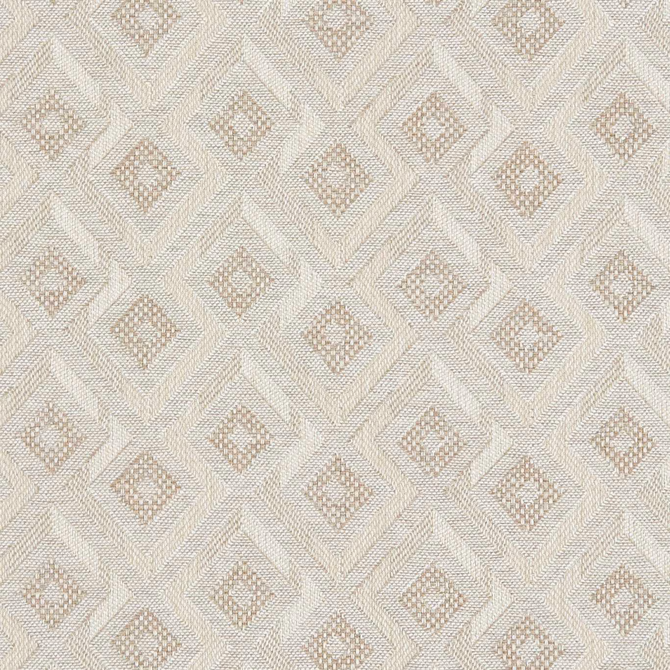 Warm ivory woven ground with taupe diamond motifs and fine geometric texture