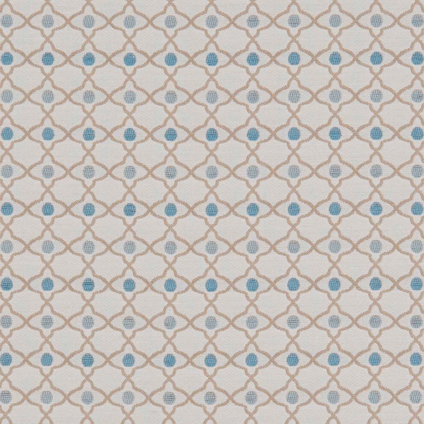 Cool cream fabric with taupe trellis and muted teal woven motifs