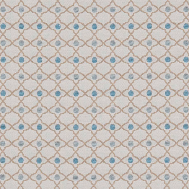 Cool cream fabric with taupe trellis and muted teal woven motifs