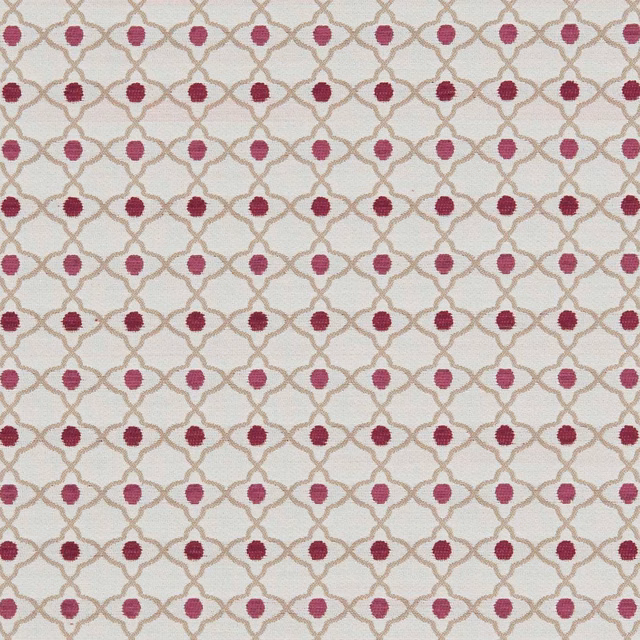 Cream woven ground with taupe linked arches and raspberry lozenge motifs