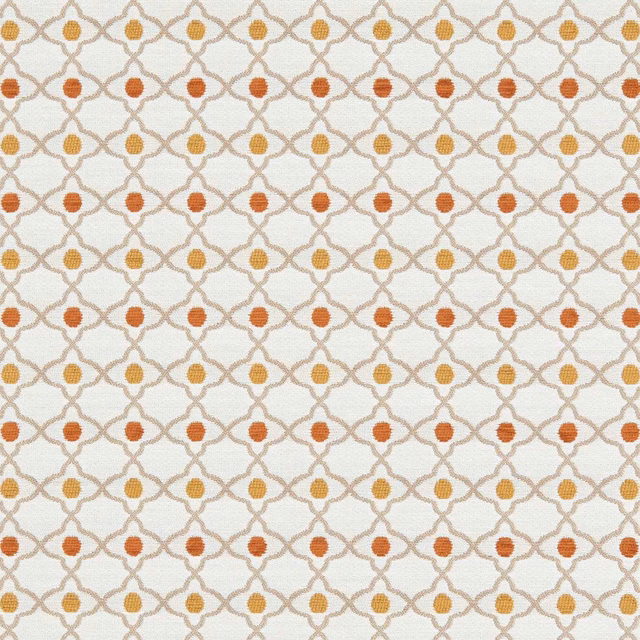 Cream woven ground with taupe lattice and alternating ochre and rust motifs