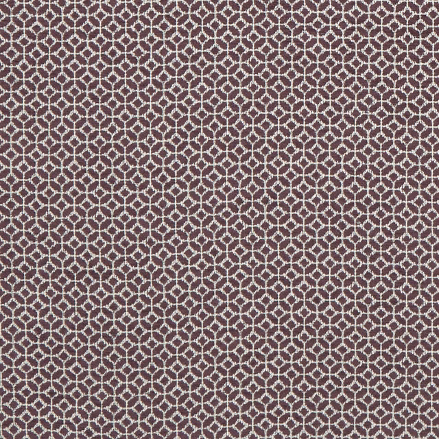 Deep damson woven fabric with a crisp cream interlocking geometric lattice