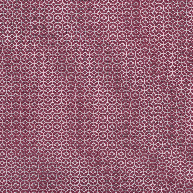 Deep raspberry woven fabric with a small ivory geometric lattice pattern