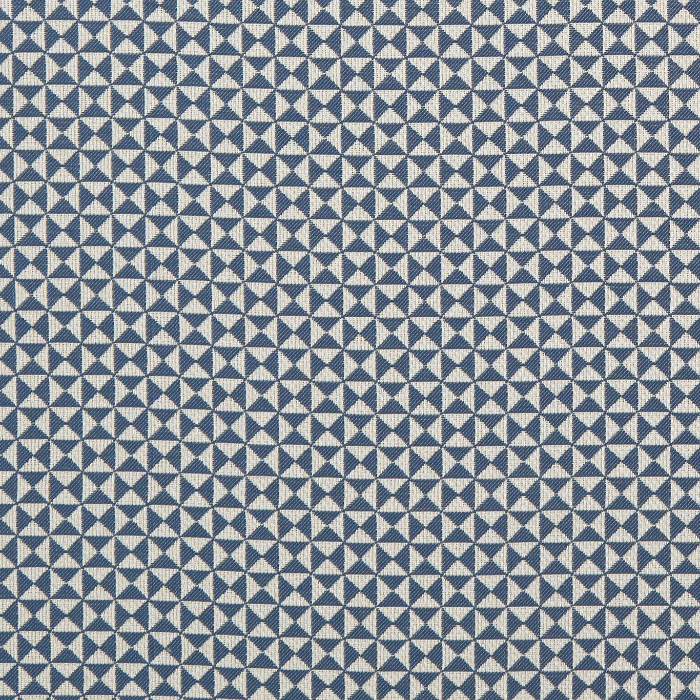 Midnight blue and ivory woven fabric with tightly repeated triangular geometric motifs