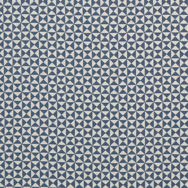 Midnight blue and ivory woven fabric with tightly repeated triangular geometric motifs