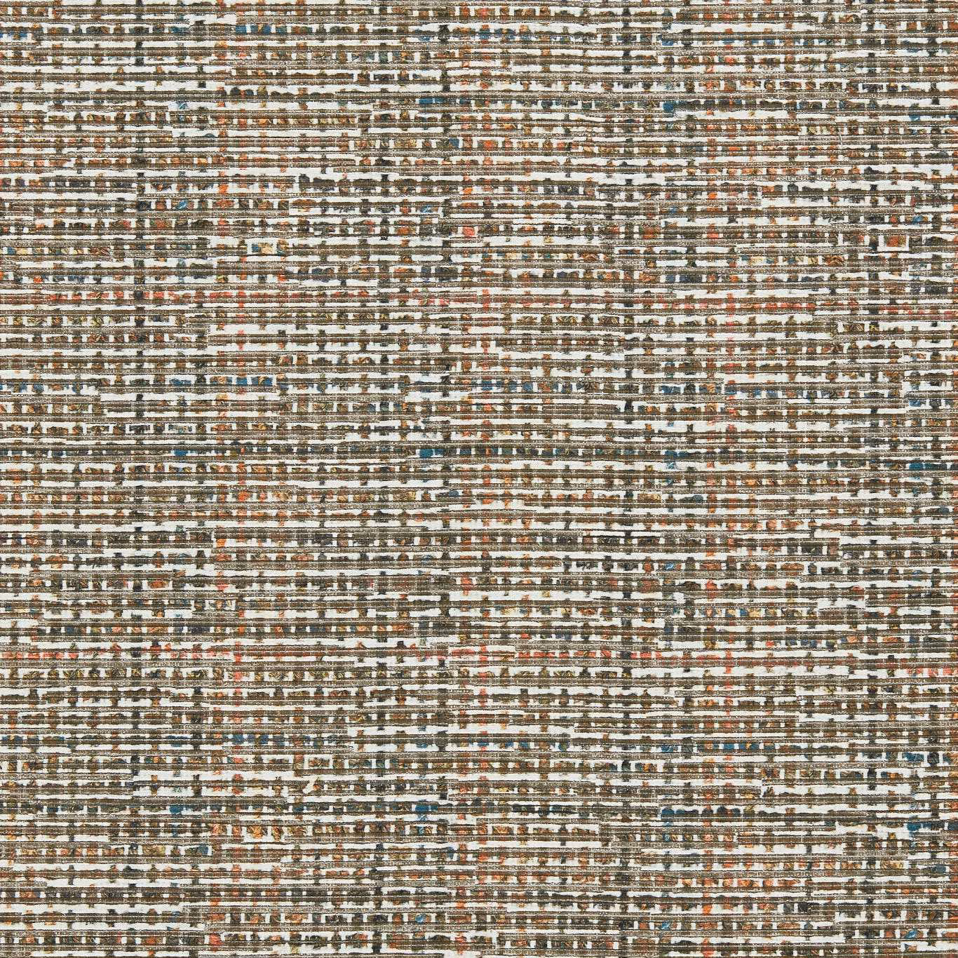 Marine blue, spice, cream and taupe horizontal flecked woven fabric close-up