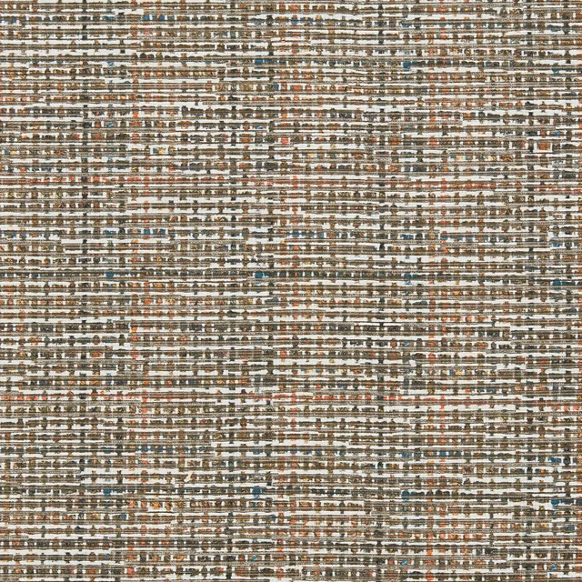 Marine blue, spice, cream and taupe horizontal flecked woven fabric close-up