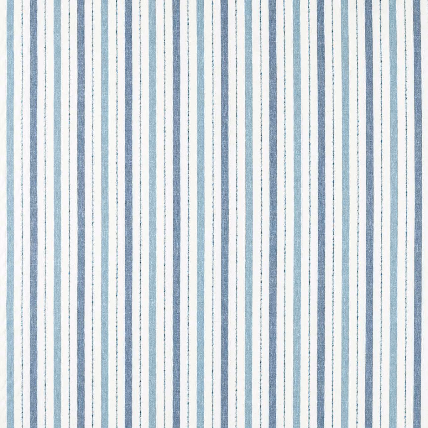 Ivory woven ground with irregular vertical denim-blue stripes and fine pinstripes