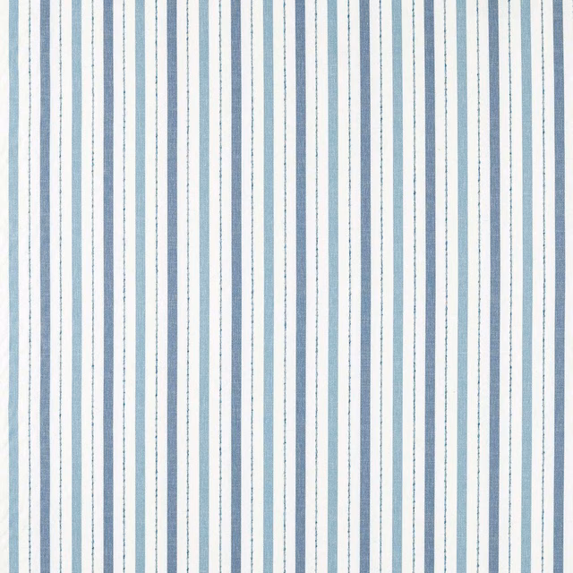 Ivory woven ground with irregular vertical denim-blue stripes and fine pinstripes