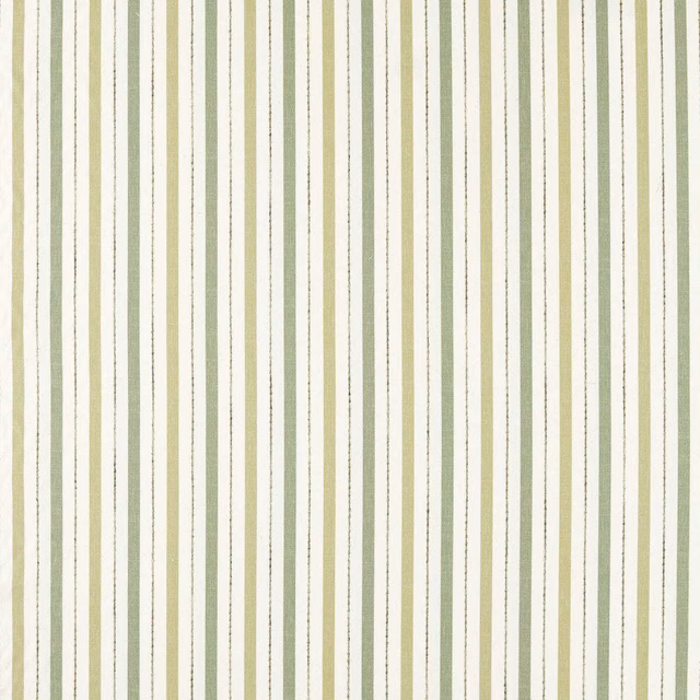 Muted sage and pale olive vertical stripes on a textured cream woven ground