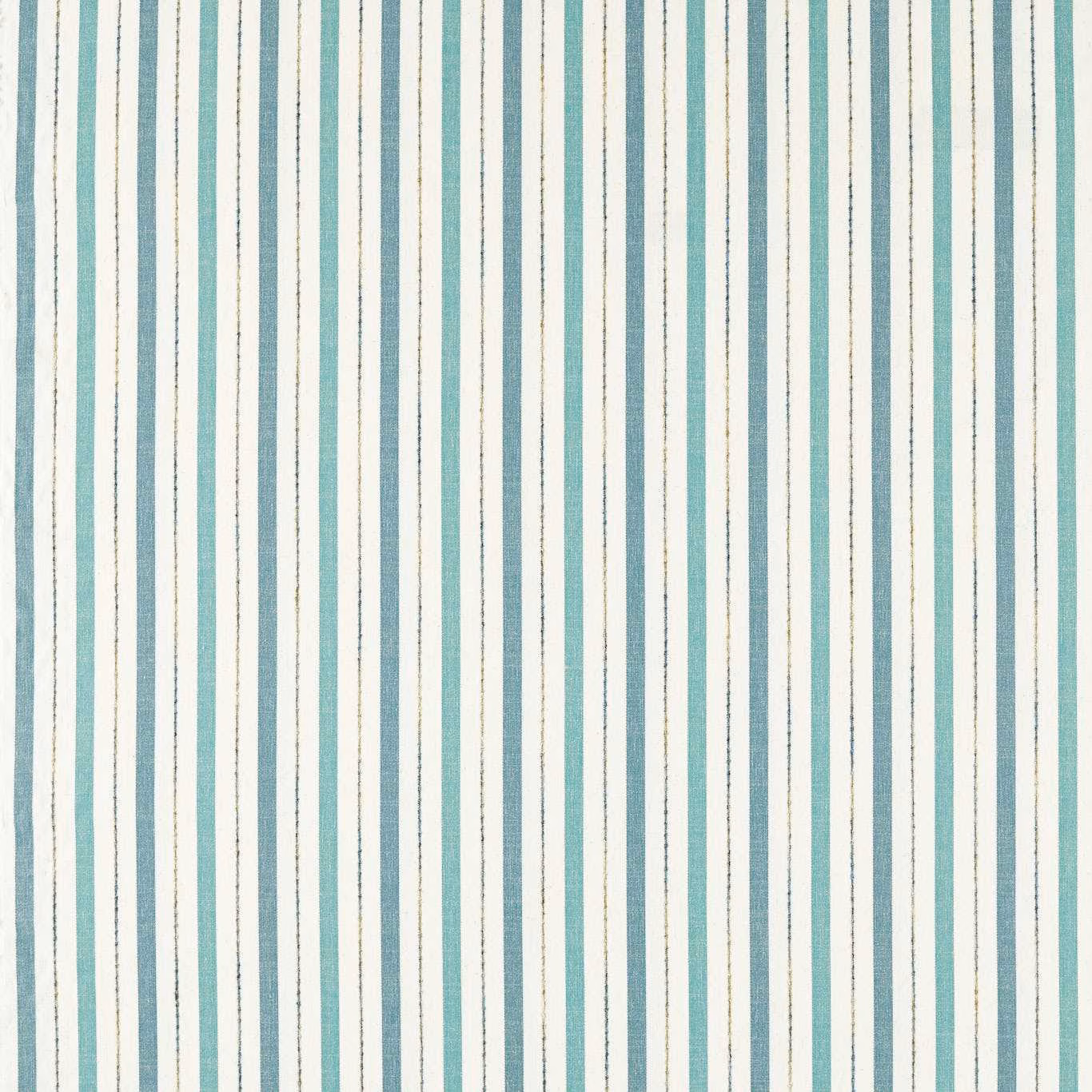 Muted teal and ivory vertical stripes with fine dark lines in a lightly textured weave