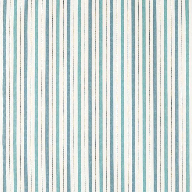 Muted teal and ivory vertical stripes with fine dark lines in a lightly textured weave