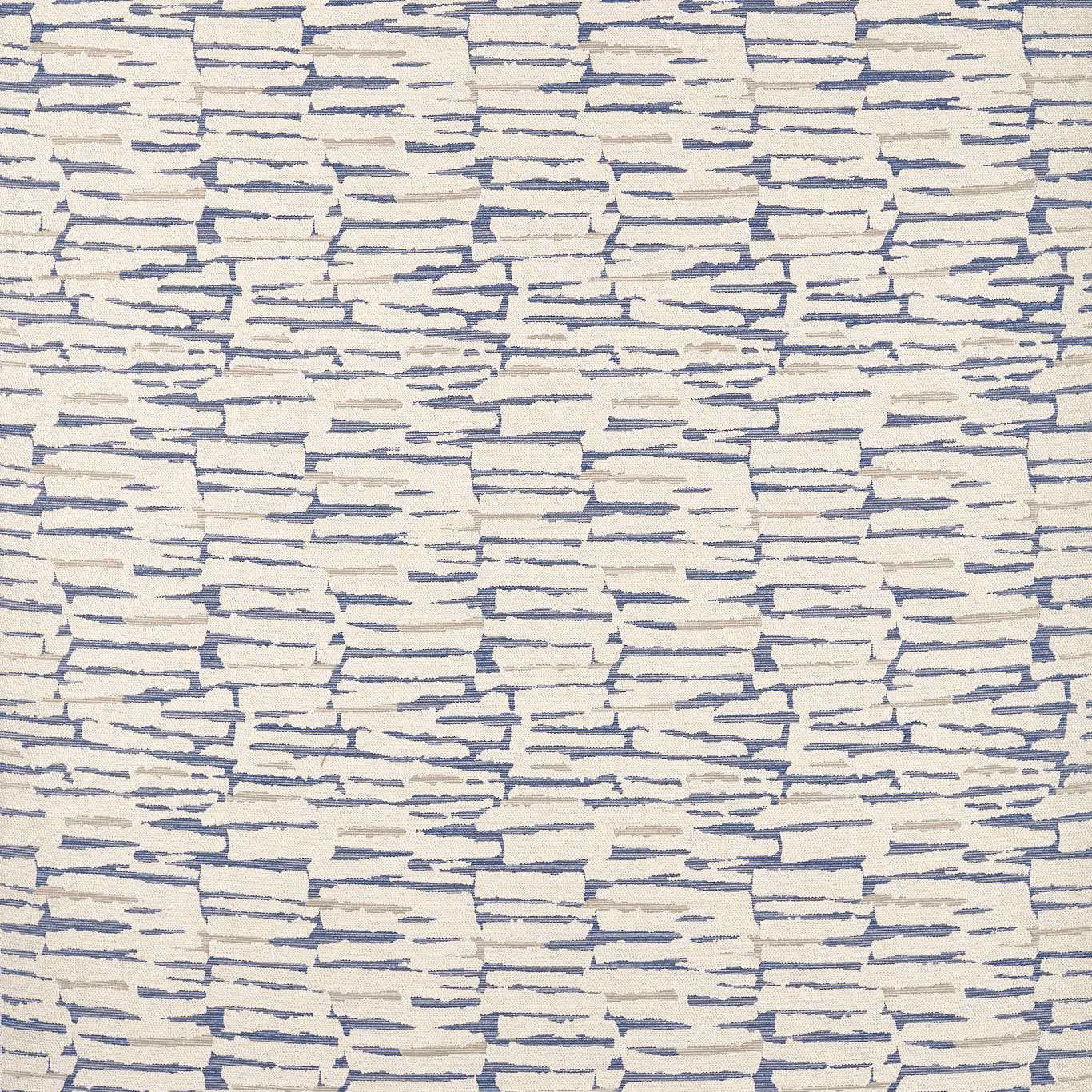 Cream woven upholstery textile with irregular horizontal denim-blue brick-like marks