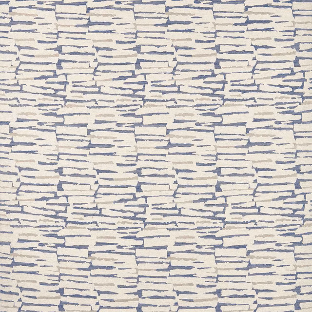 Cream woven upholstery textile with irregular horizontal denim-blue brick-like marks
