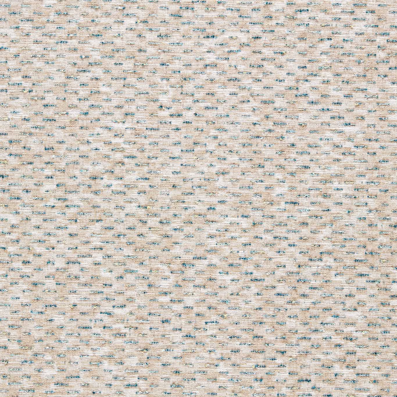 Pale beige woven upholstery with broken teal and grey flecks in horizontal texture
