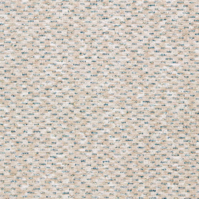 Pale beige woven upholstery with broken teal and grey flecks in horizontal texture