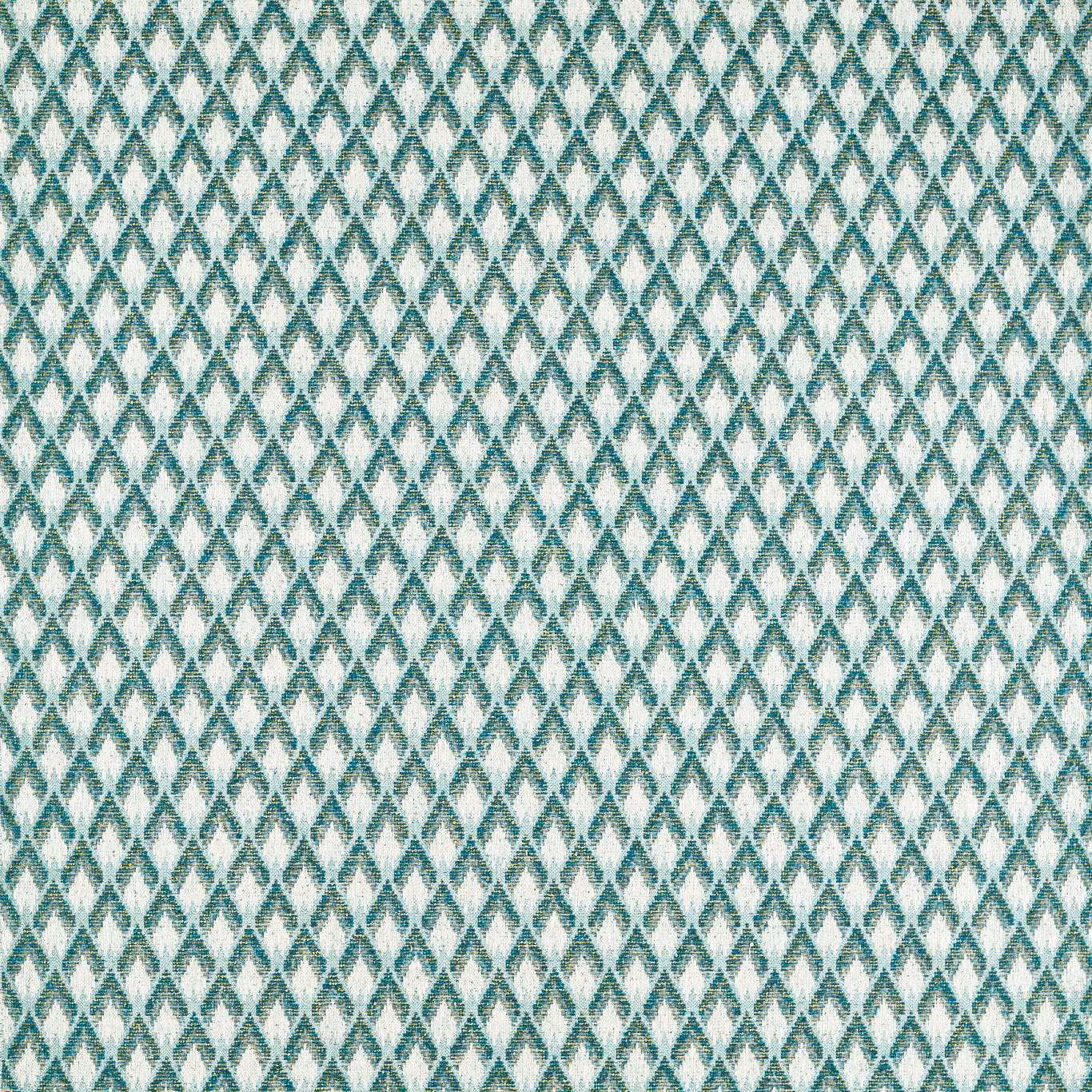 Peacock teal and ivory diamond motifs across a textured woven upholstery fabric