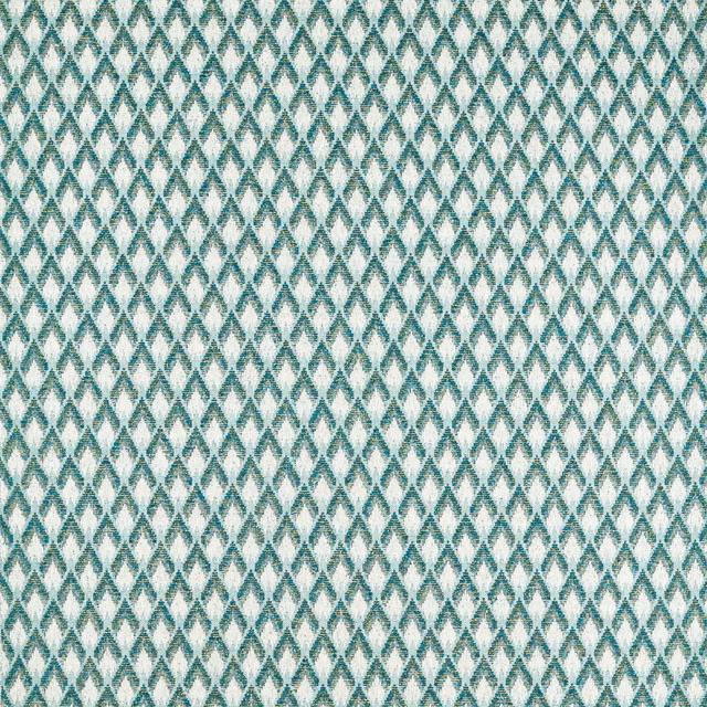 Peacock teal and ivory diamond motifs across a textured woven upholstery fabric