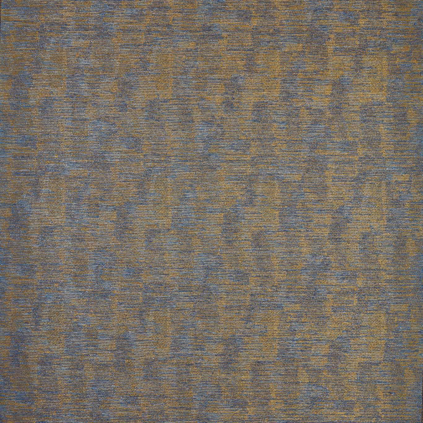 Deep marine blue woven fabric with mottled ochre blocks and fine horizontal texture