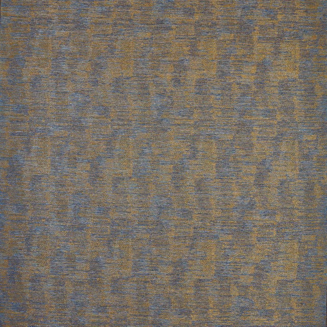 Deep marine blue woven fabric with mottled ochre blocks and fine horizontal texture