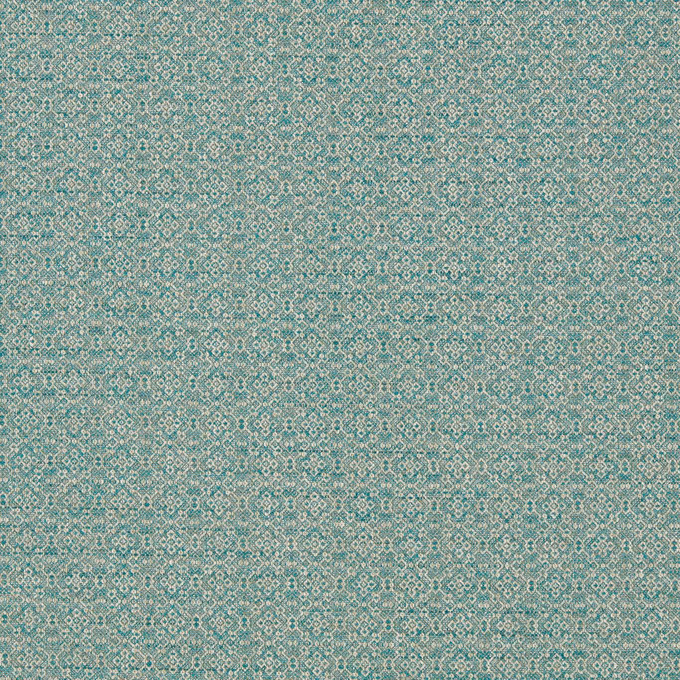 Muted seafoam teal fabric with tiny cream geometric lattice and softly mottled woven texture