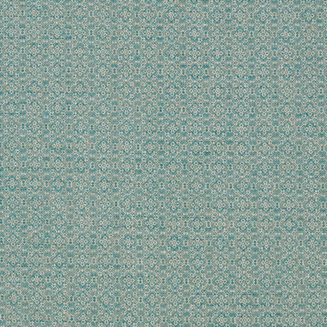 Muted seafoam teal fabric with tiny cream geometric lattice and softly mottled woven texture