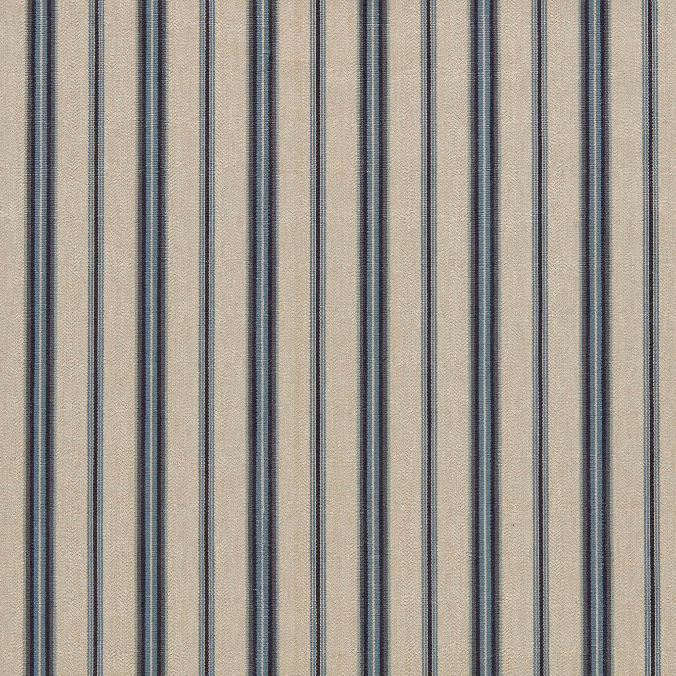 Close-up of beige woven fabric with narrow cool denim-blue vertical stripes