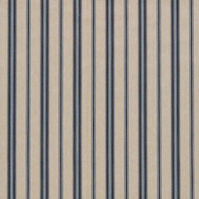 Close-up of beige woven fabric with narrow cool denim-blue vertical stripes