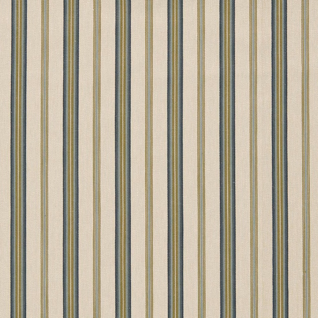 Cream woven fabric with vertical marine blue, olive and gold pinstripes