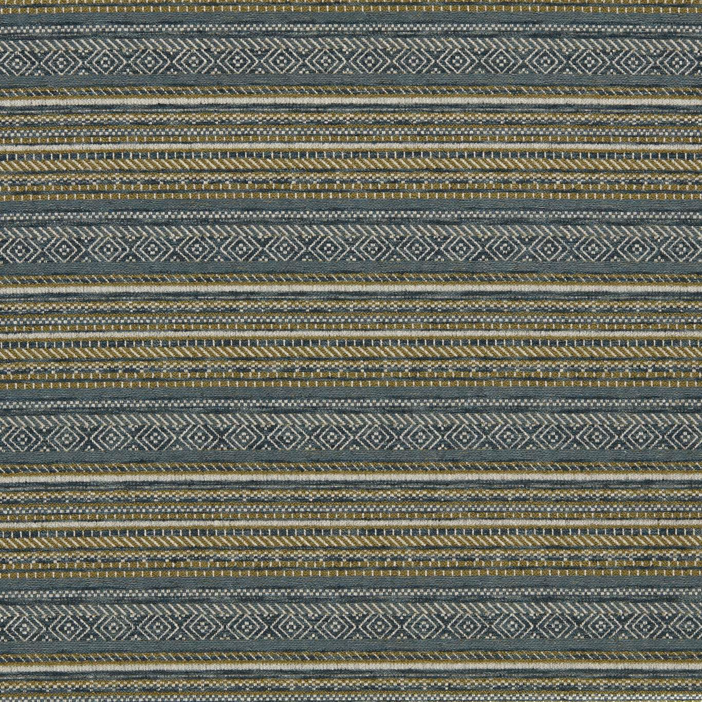 Marine blue-grey woven stripes with repeating diamond bands and olive-gold flecks
