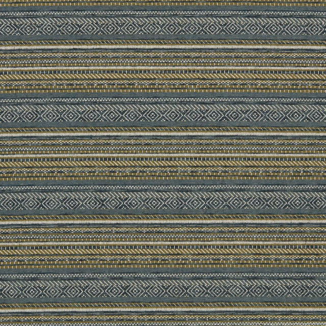 Marine blue-grey woven stripes with repeating diamond bands and olive-gold flecks