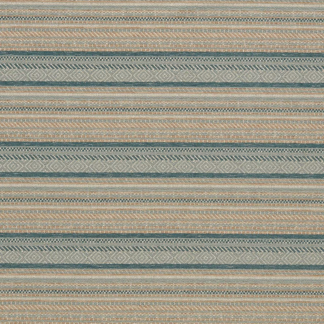 Muted seafoam teal woven stripes with chevrons, diamonds and fine sandy bands