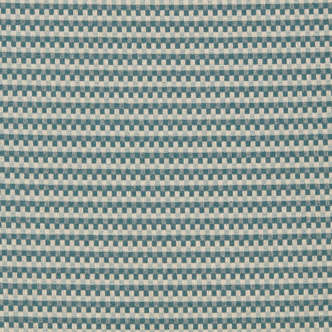 Close-up of cool mineral teal, cream and grey woven micro-check fabric