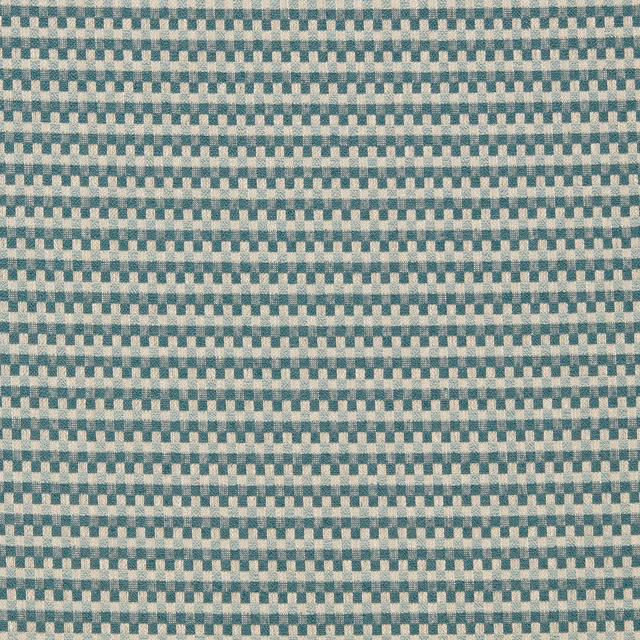 Close-up of cool mineral teal, cream and grey woven micro-check fabric