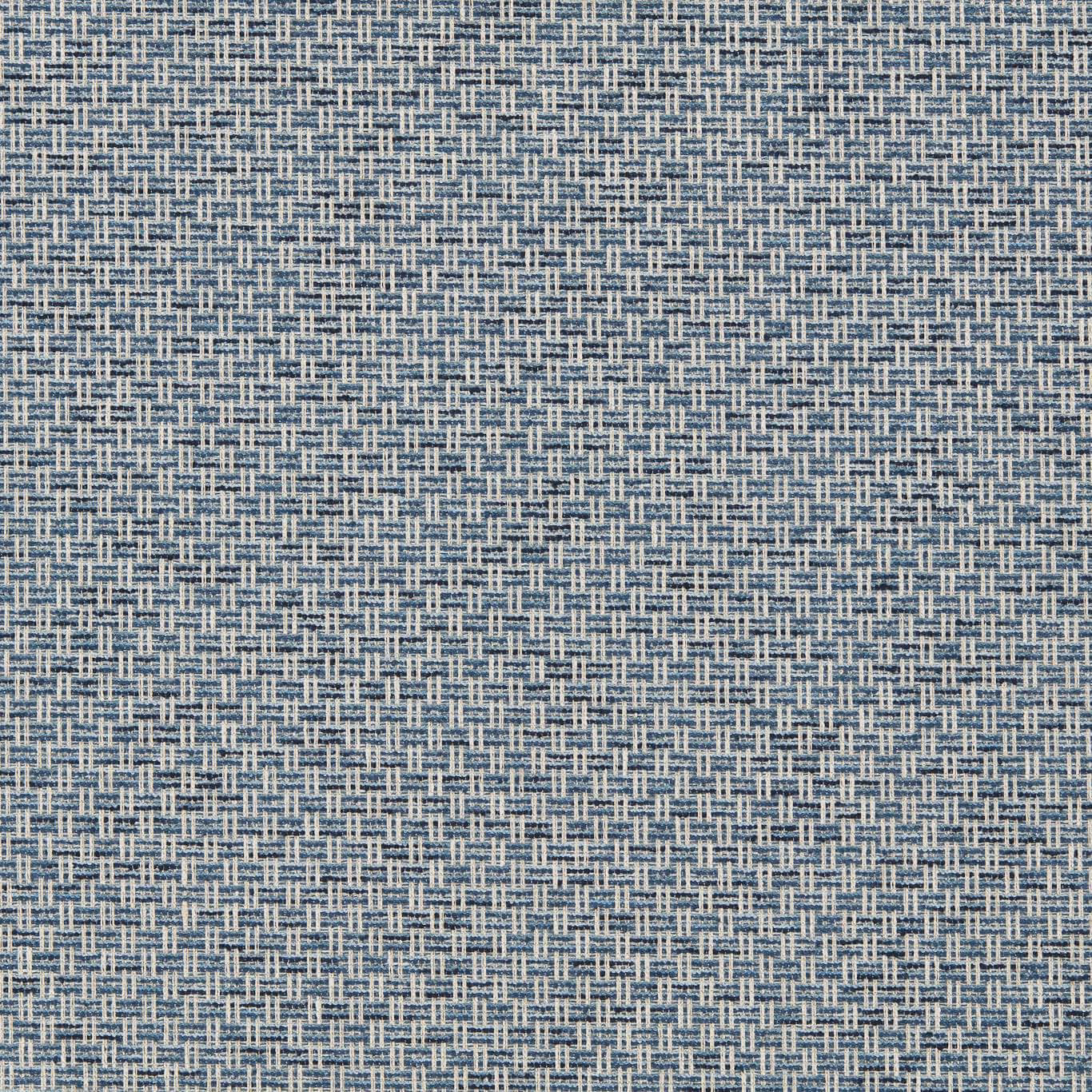 Muted denim-blue small-scale woven grid with ivory and grey flecks