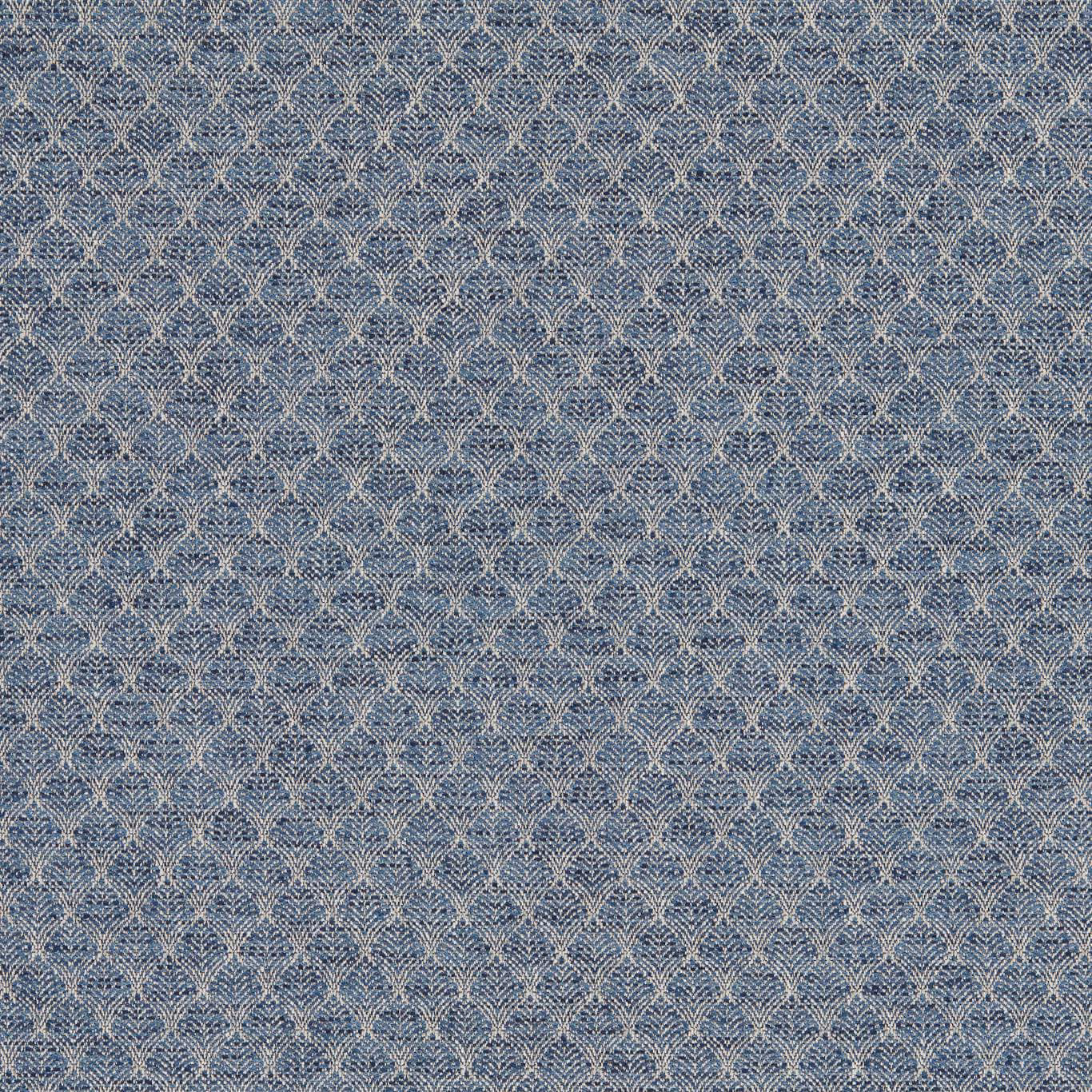 Muted denim-blue fabric with densely woven pale fan and scallop motifs