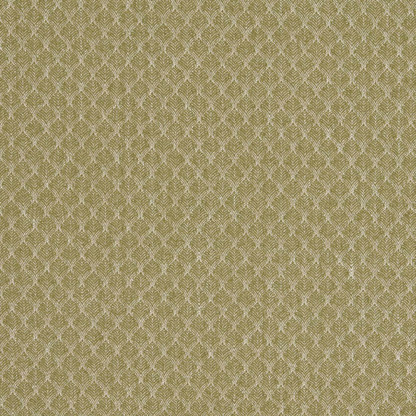 Muted olive fabric with pale cream leaf arches and a fine woven texture