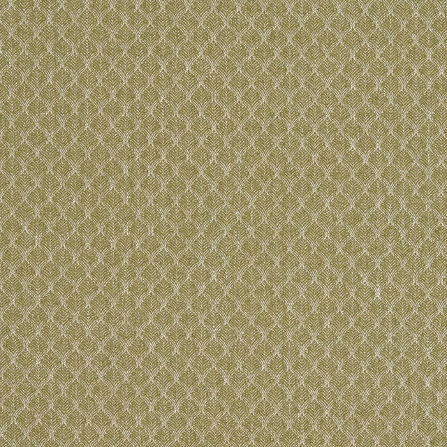 Muted olive fabric with pale cream leaf arches and a fine woven texture