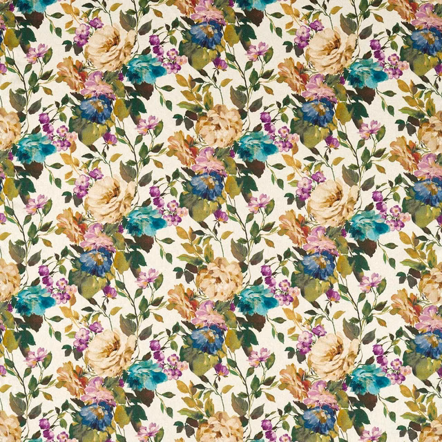 Cream floral fabric with amethyst, teal and blue blooms and leafy botanical detail