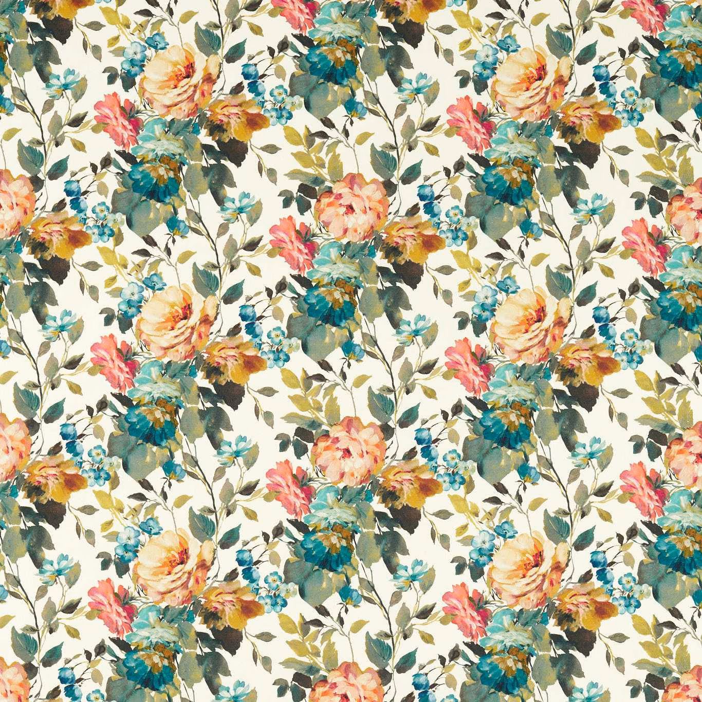 Painterly ivory floral fabric with coral blooms, teal flowers and olive foliage
