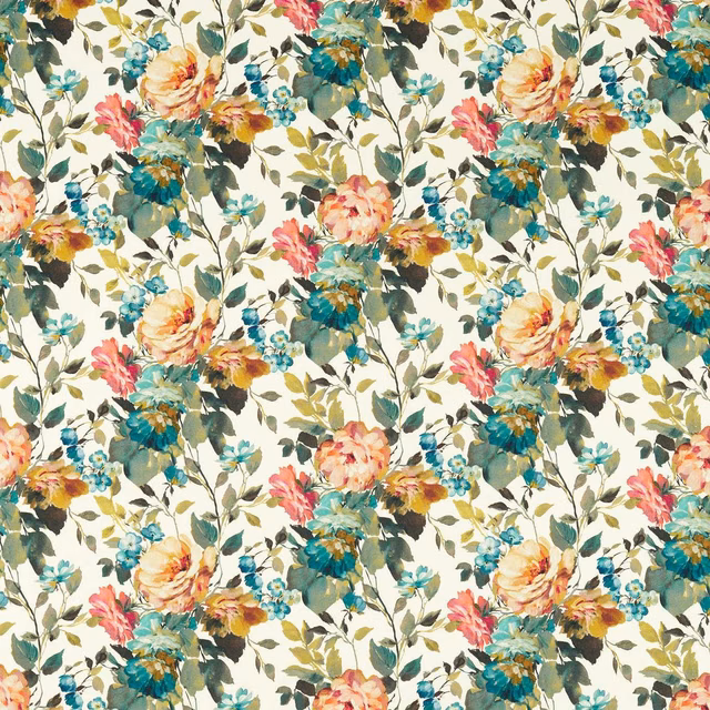 Painterly ivory floral fabric with coral blooms, teal flowers and olive foliage