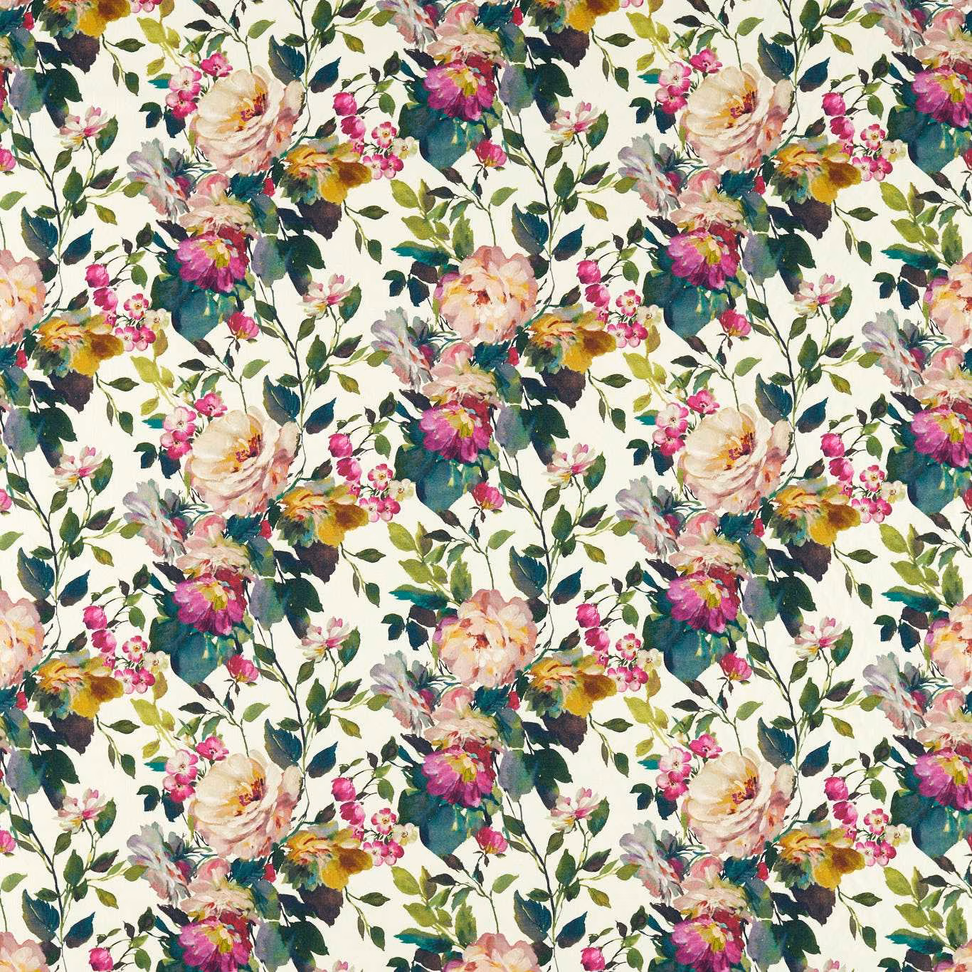 Cream floral fabric with saturated fuchsia blooms, teal foliage and painterly brushwork