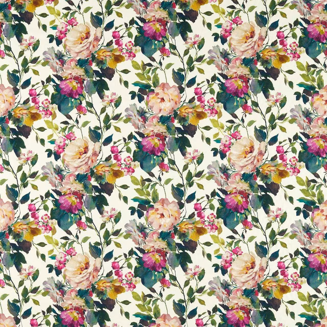 Cream floral fabric with saturated fuchsia blooms, teal foliage and painterly brushwork
