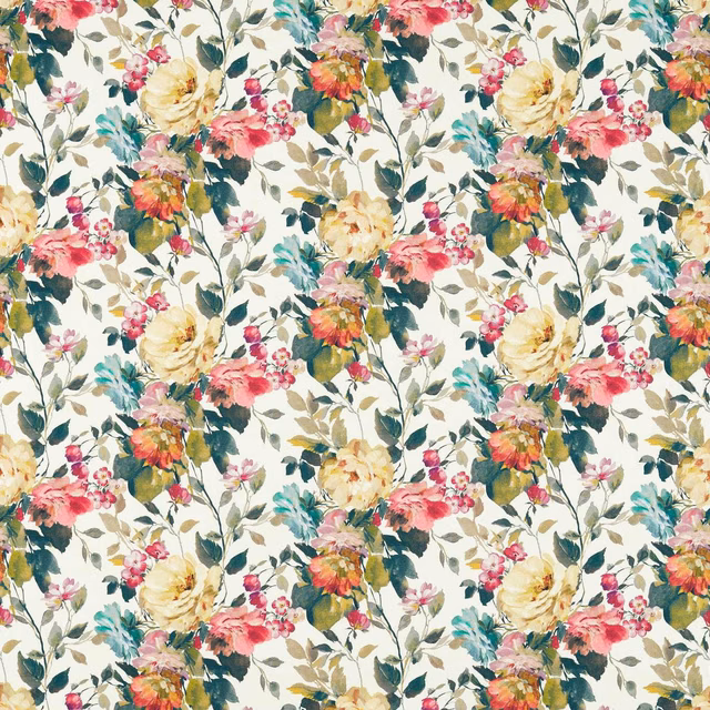 Cream floral fabric with coral blooms, teal foliage and golden yellow flowers