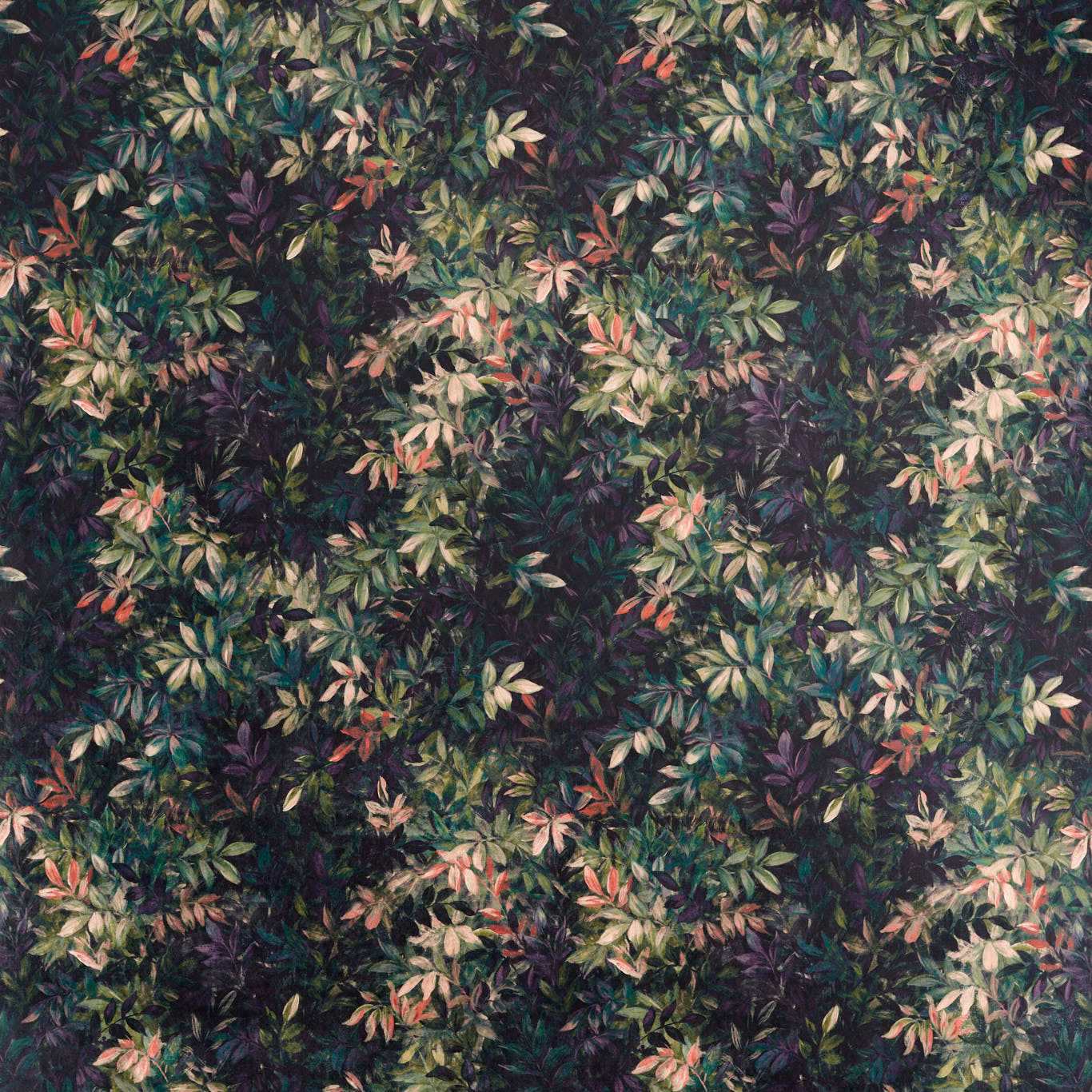 Dense emerald foliage with amethyst, coral and cream leaves on a dark botanical fabric