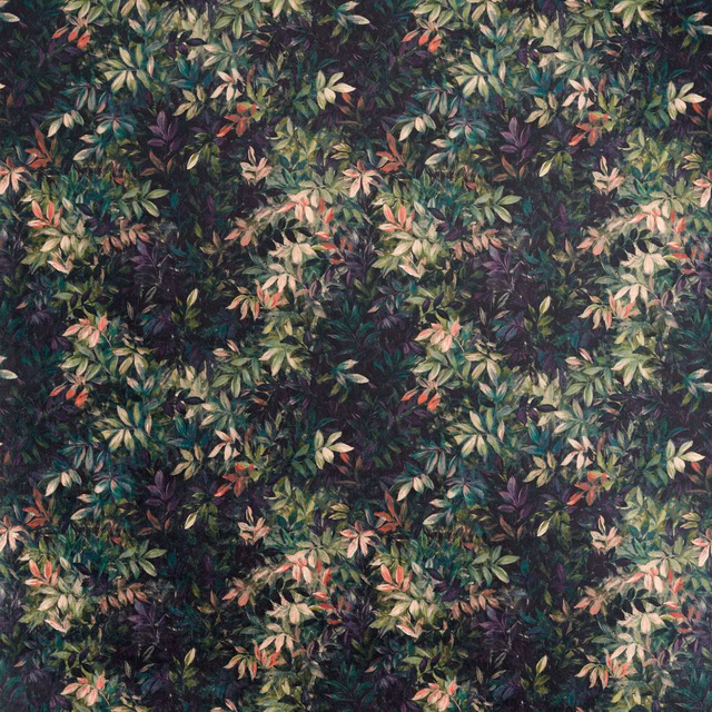 Dense emerald foliage with amethyst, coral and cream leaves on a dark botanical fabric