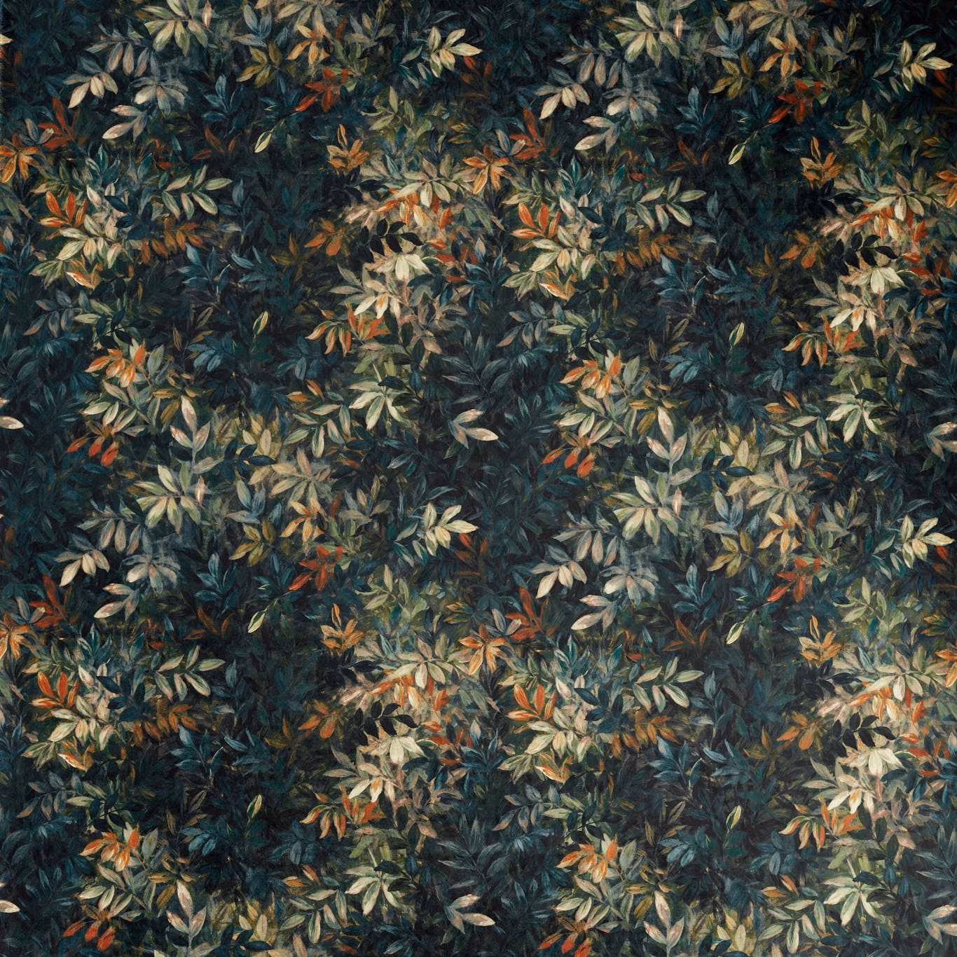 Deep teal botanical fabric with sage, cream and rust leaves in dense repeat